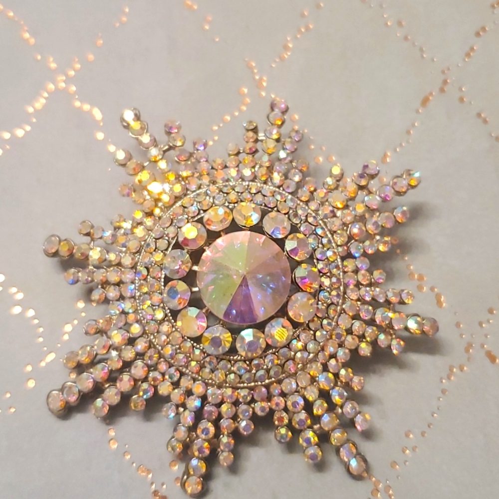 Large Aurora Borealis Cubic Zirconia Crystal Brooch Blingy Iridescent
